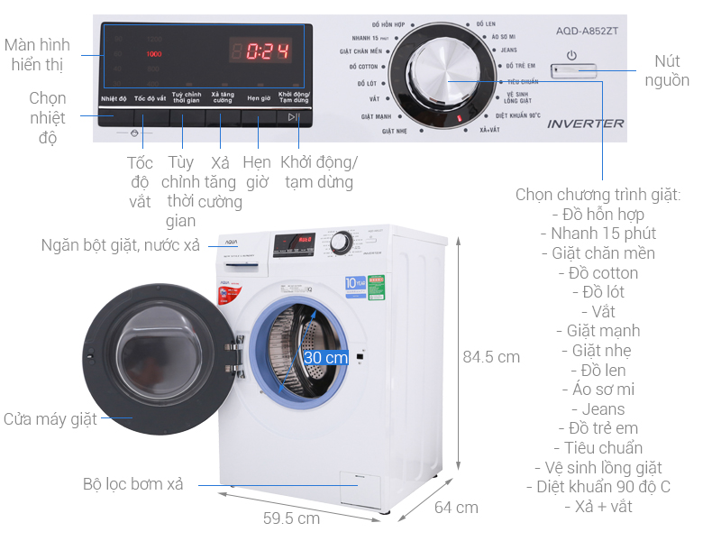 Máy giặt lồng ngang Aqua Inverter 8,5Kg AQD-A852ZT.W