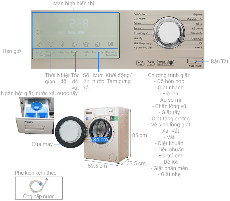 Máy giặt lồng ngang Aqua Inverter 9.5Kg AQD-DD950E.N