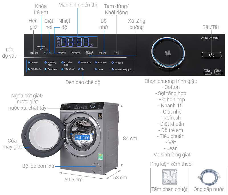 Máy giặt Aqua Inverter 9.0 KG AQD-A900F S Mới 2021