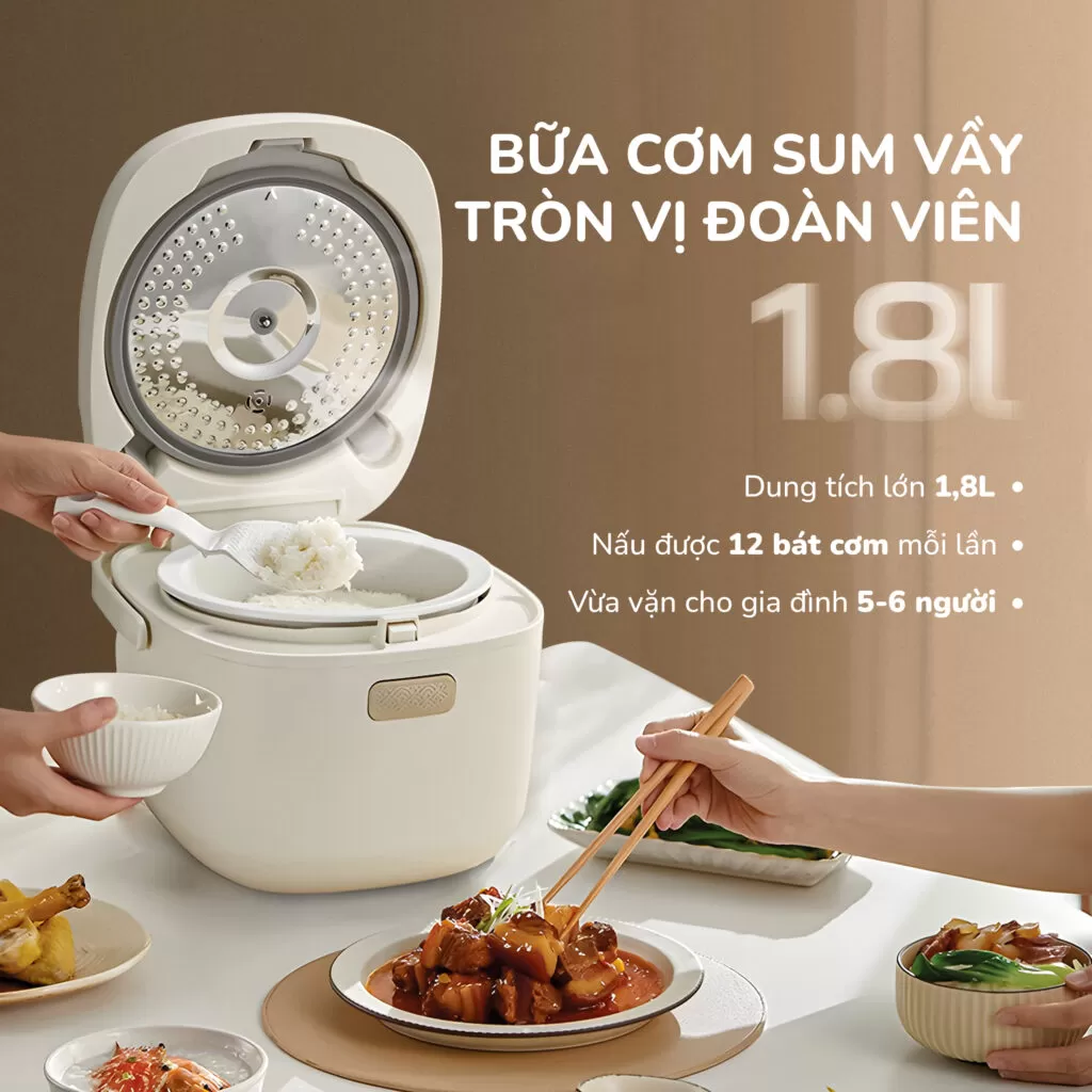 Nồi cơm điện lòng gốm cao cấp UNIE URC818, chống dính tự nhiên, dung tích 1,8L