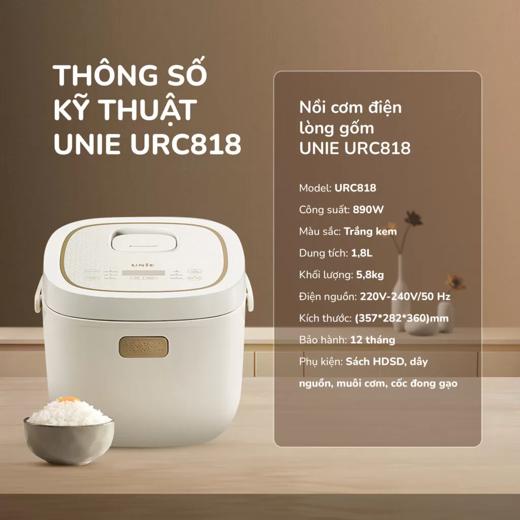 Nồi cơm điện lòng gốm cao cấp UNIE URC818, chống dính tự nhiên, dung tích 1,8L